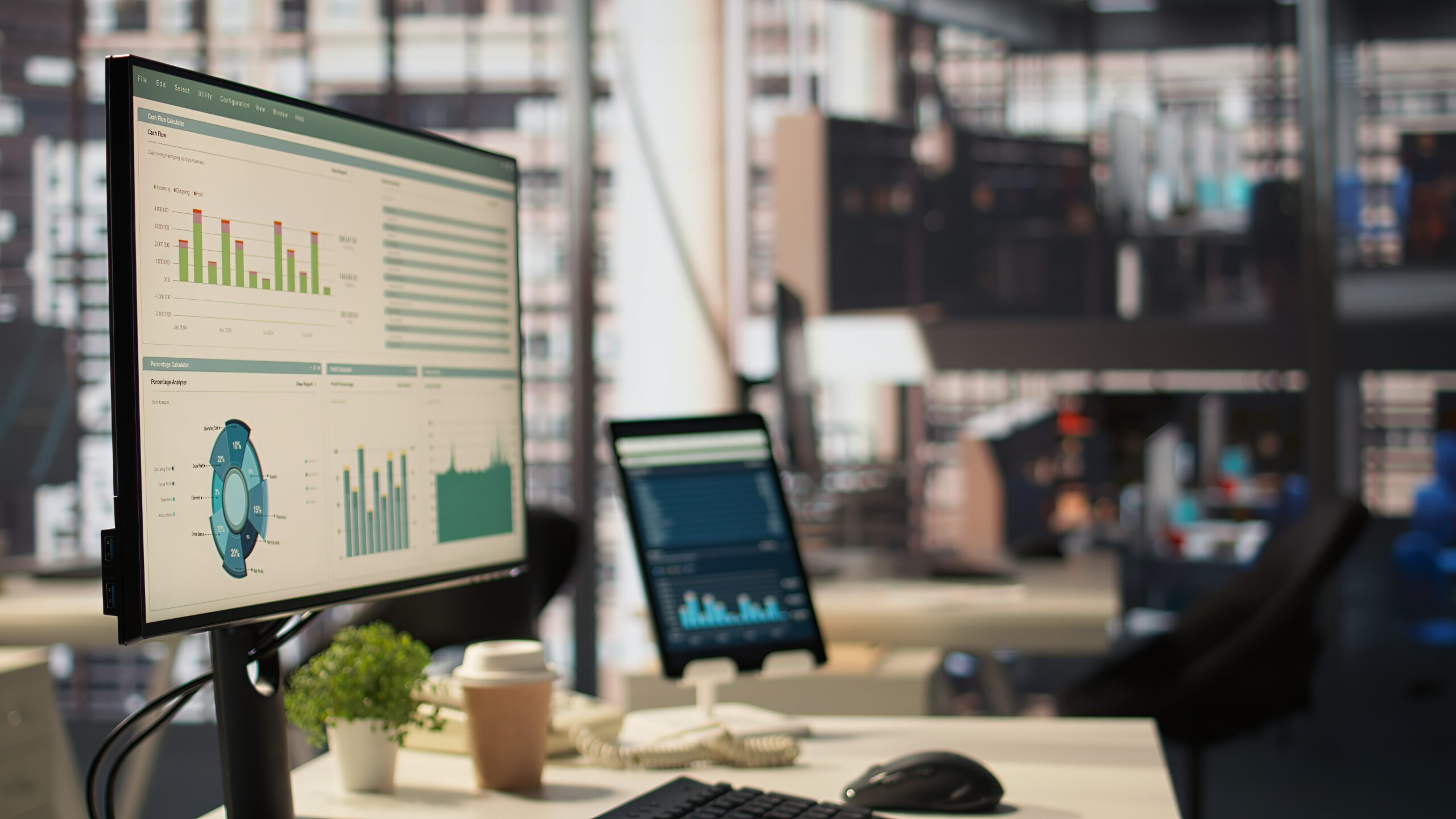 Empty high end office workspace with advanced technology to enhance efficiency, helping business professionals focus on financial strategies. Global enterprise success objectives.